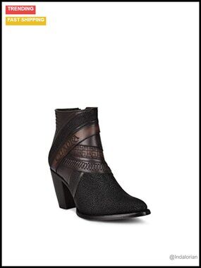 Stingray Leather Western Ankle Bootie Inner Zip Pointed Toe Block Heel